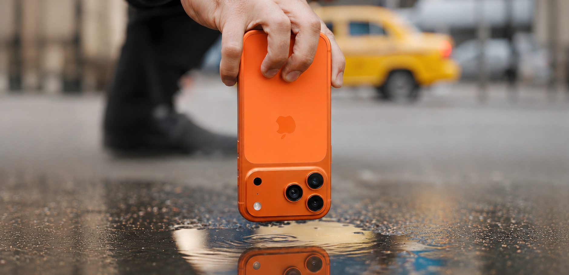 An iPhone 17 Pro held from behind over a wet city street, its three camera lenses facing the viewer, with a yellow taxi blurred in the background.