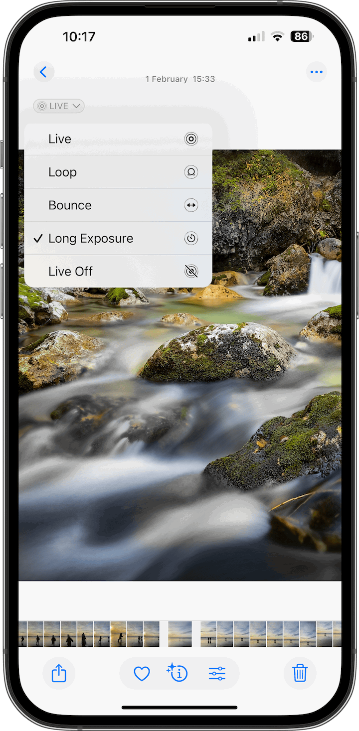 The iPhone Photos app showing the Live menu with the Long Exposure option selected.