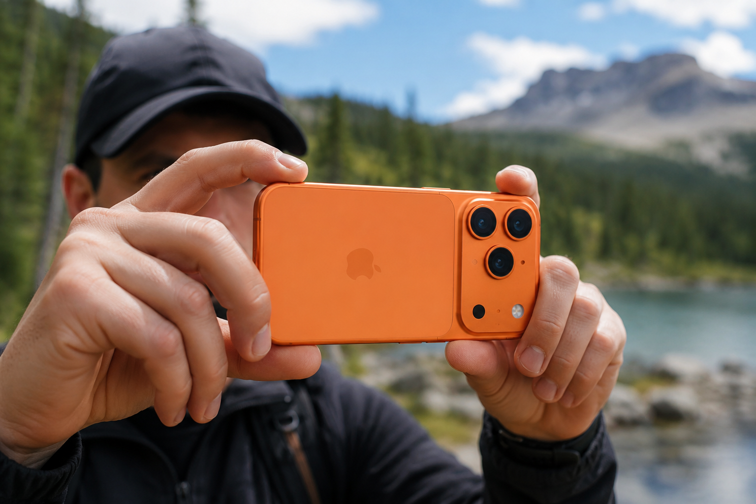 A person holding an orange iPhone 17 Pro horizontally to photograph a mountain lake.