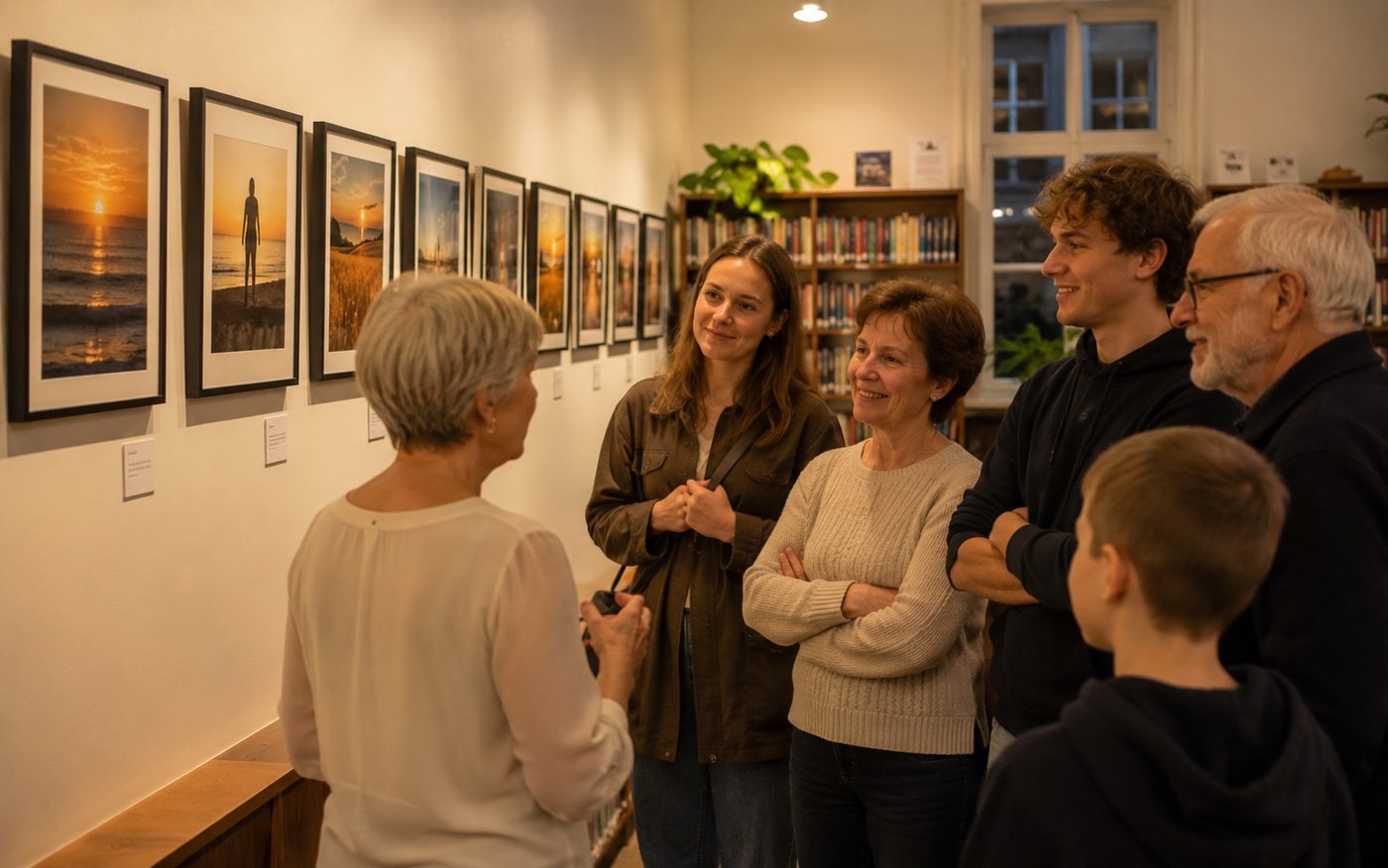 Anna talking with visitors at her exhibition in the local library, her framed sunset photos on the wall.