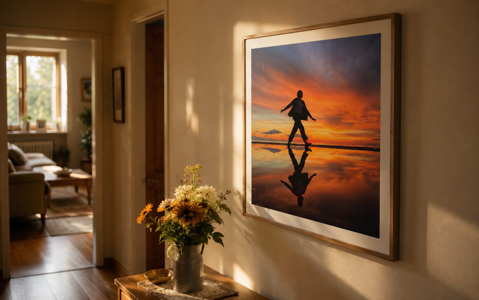 A framed photo of a silhouette on a sunset beach, hanging in a warm home hallway.