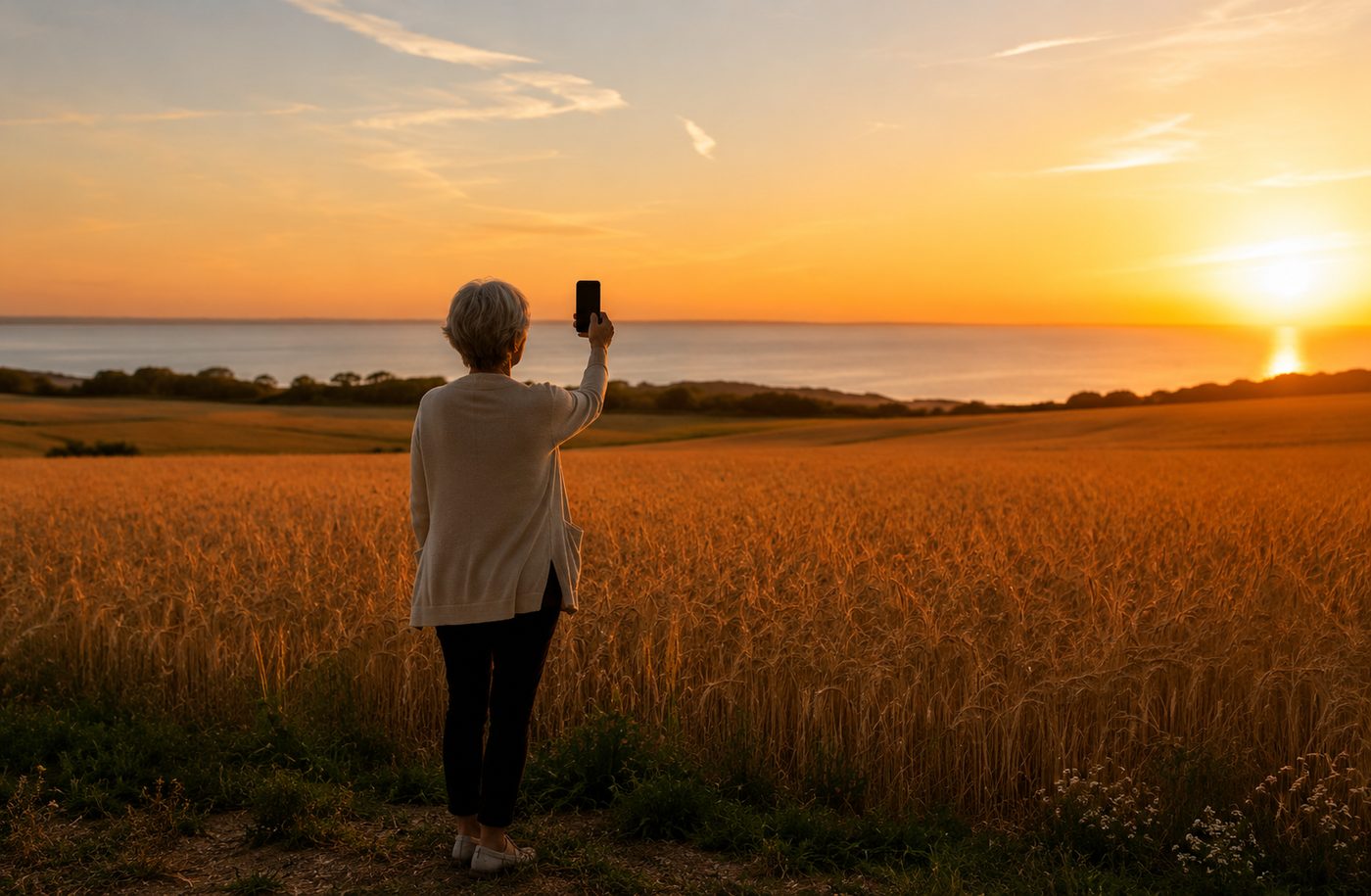Anna from behind, holding up her iPhone to photograph a golden wheat field and the sea at sunset.