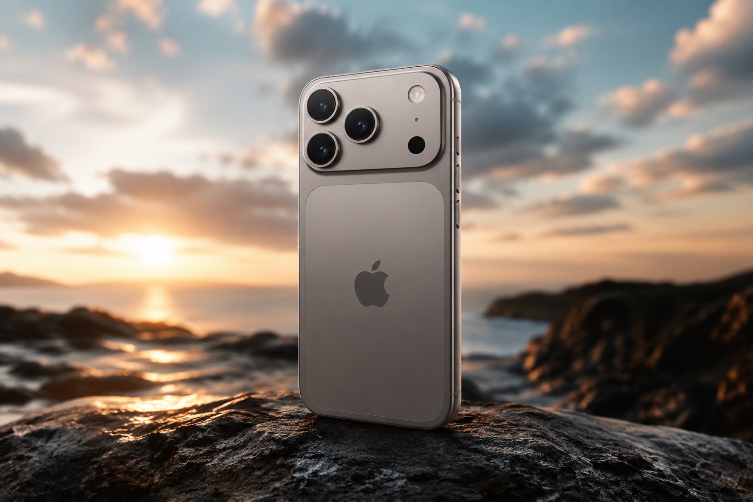 An iPhone 17 Pro held up with its rear camera system facing the viewer.