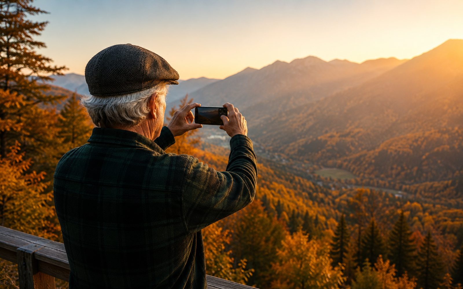 An older man in a flat cap photographing an autumn mountain valley with his iPhone at sunset.