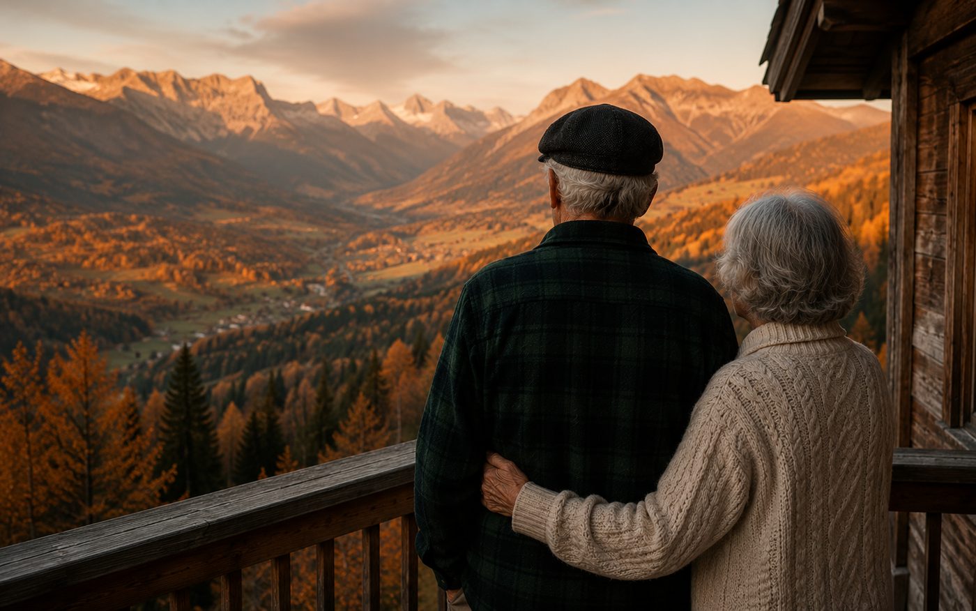 An older couple seen from behind on a cabin balcony, looking out over an autumn mountain valley.