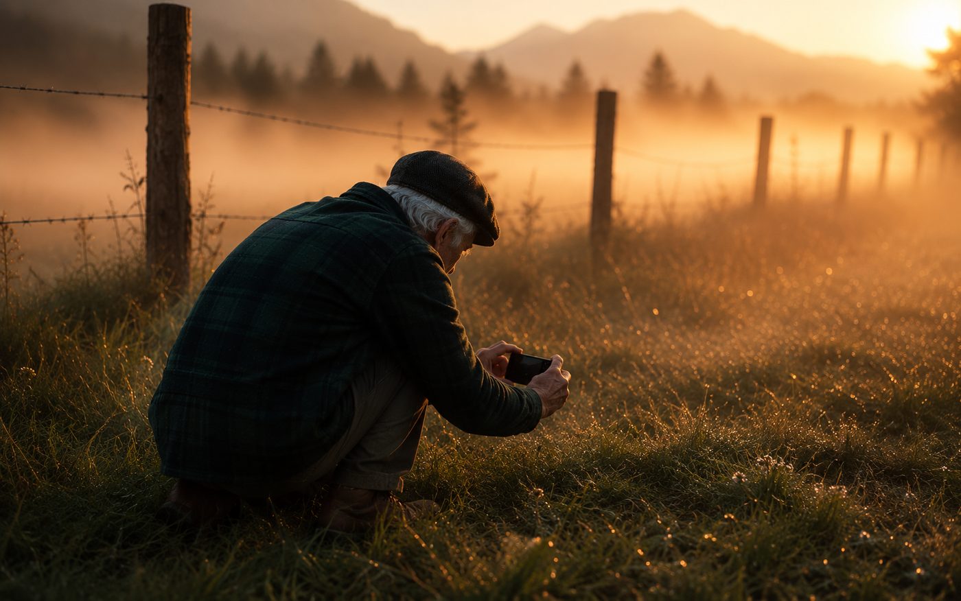 An older man in a flat cap crouching in a misty meadow at sunrise, photographing the dewy grass with his phone.